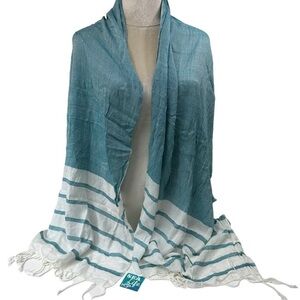 Oversized Blue White Wide Stripe Cotton Linen Blend Scarf Wrap